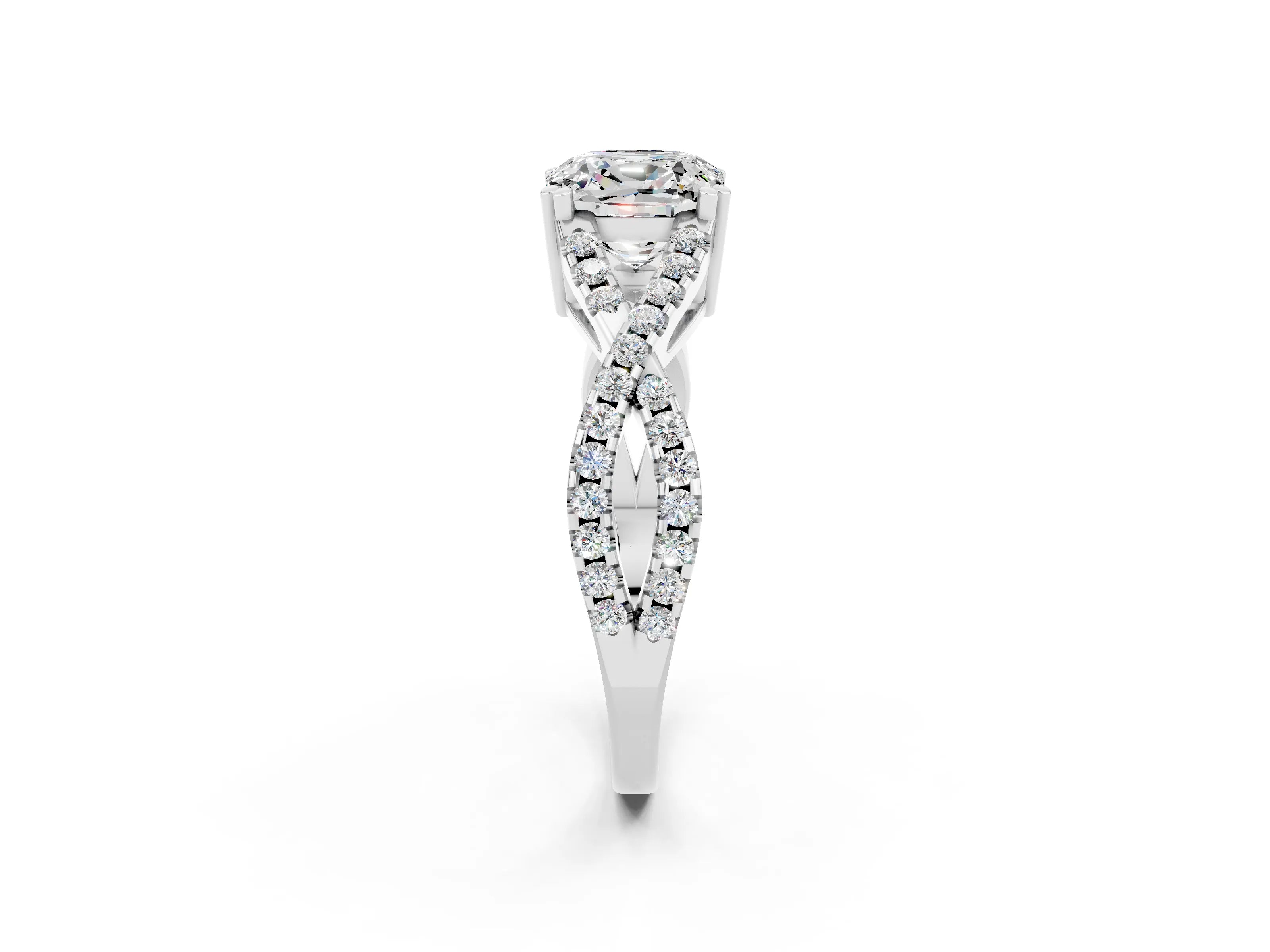 White gold Cushion Cut Moissanite Solitaire Ring with Four-Prong Setting and Twisted Pavé Band_2