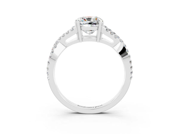 White gold Cushion Cut Moissanite Solitaire Ring with Four-Prong Setting and Twisted Pavé Band