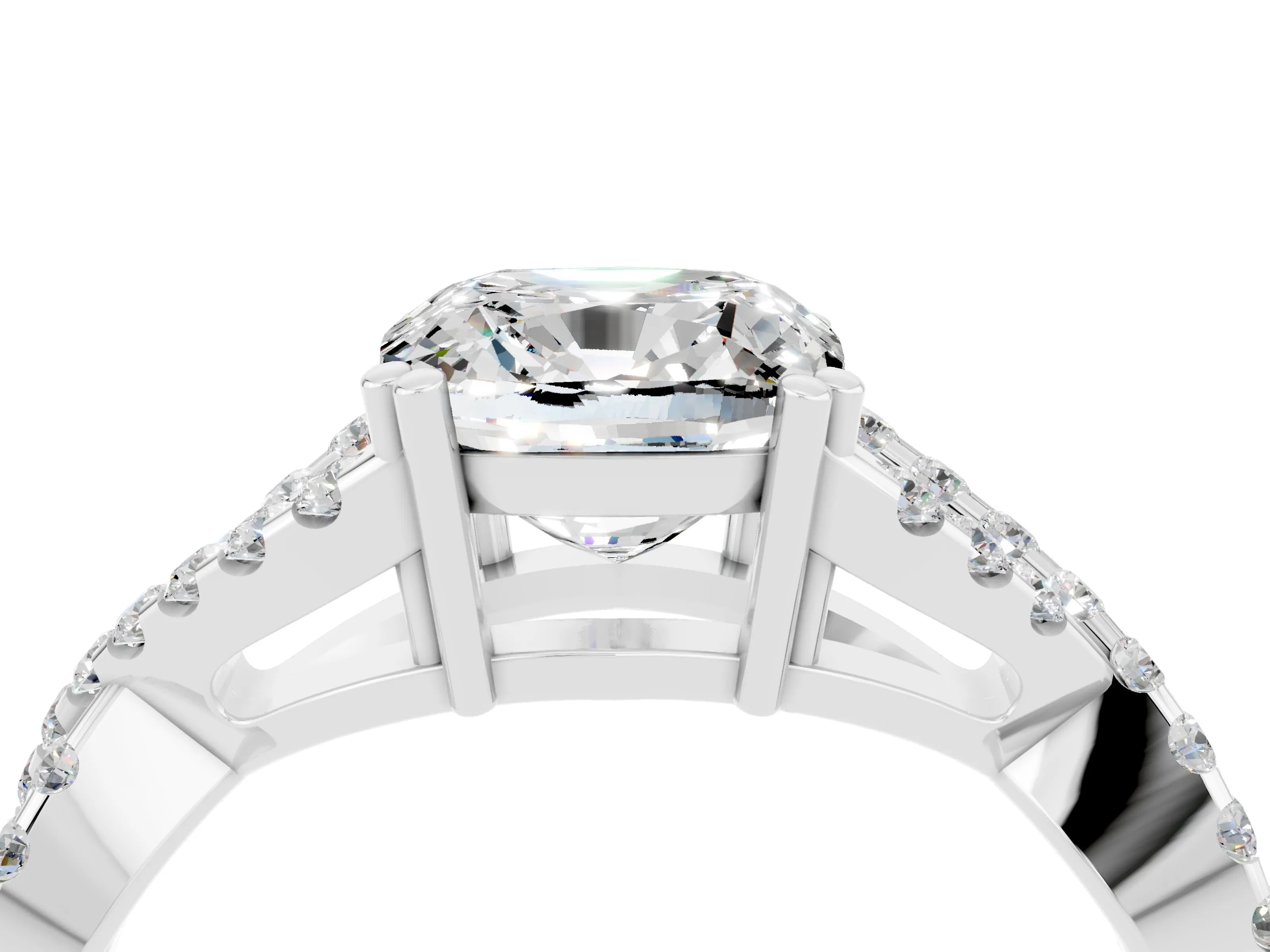 White gold Cushion Cut Moissanite Solitaire Ring with Four-Prong Setting and Twisted Pavé Band_4