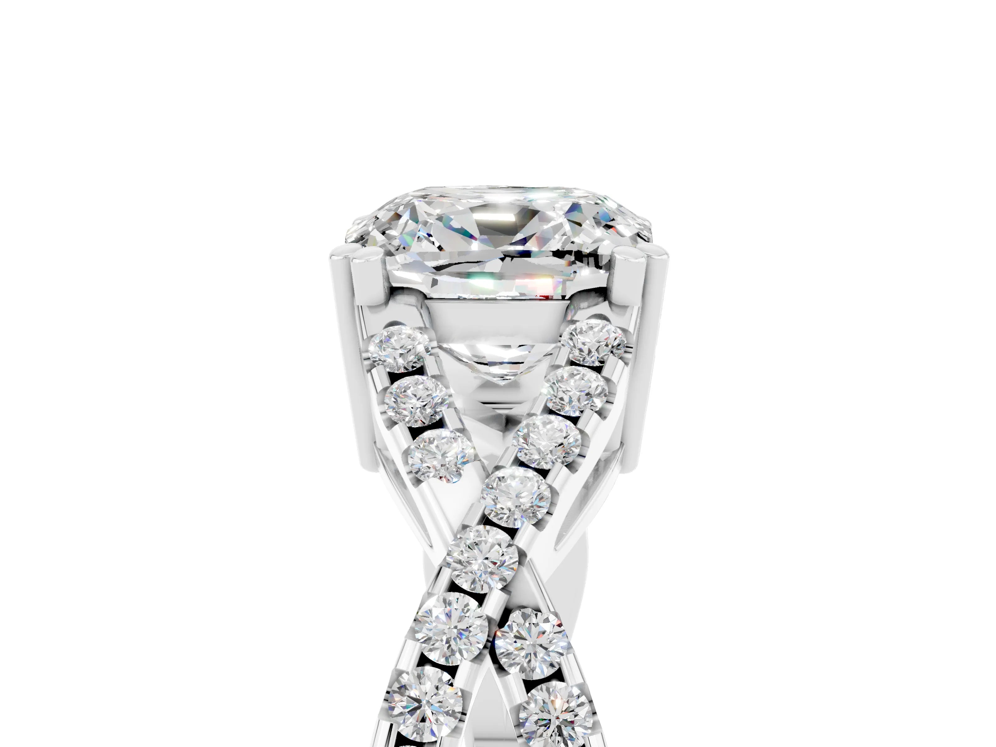 White gold Cushion Cut Moissanite Solitaire Ring with Four-Prong Setting and Twisted Pavé Band_5