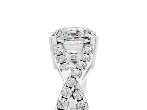 White gold Cushion Cut Moissanite Solitaire Ring with Four-Prong Setting and Twisted Pavé Band_5
