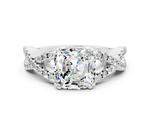 White gold Cushion Cut Moissanite Solitaire Ring with Four-Prong Setting and Twisted Pavé Band