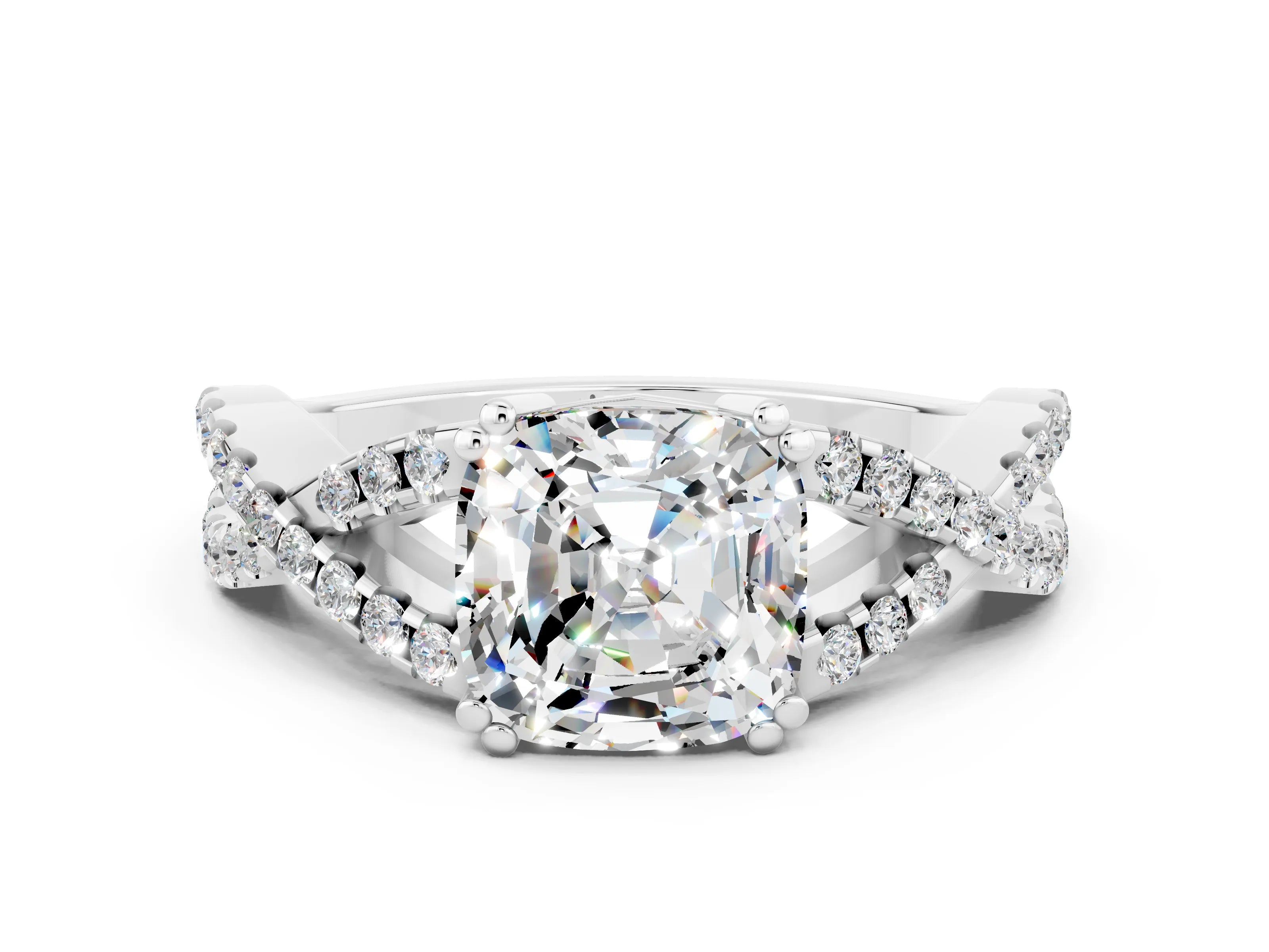 White gold Cushion Cut Moissanite Solitaire Ring with Four-Prong Setting and Twisted Pavé Band