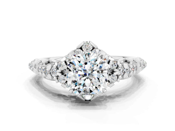 Platinum Cushion Cut Moissanite Solitaire Ring with Hidden Halo and Pavé Band