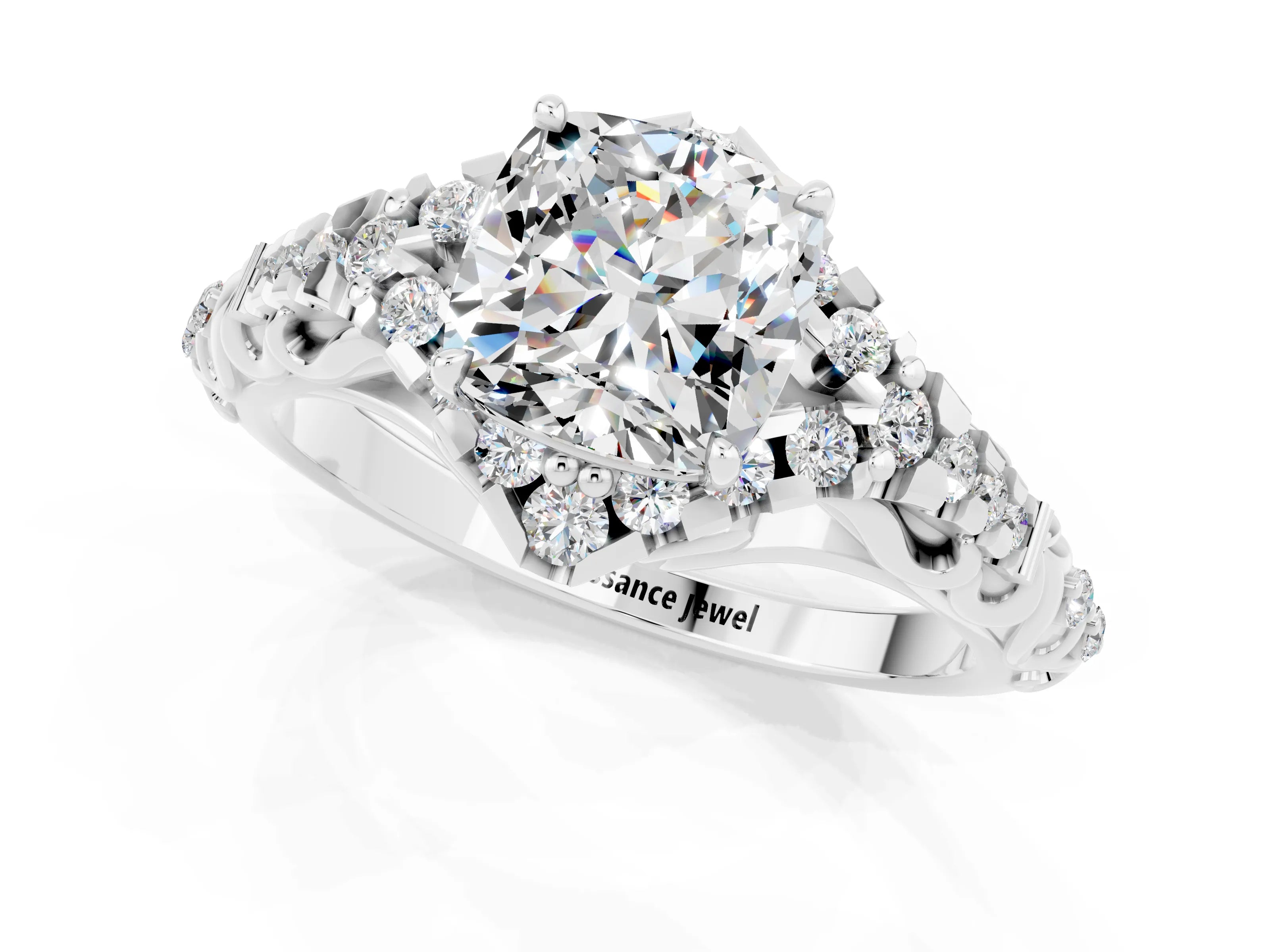 White gold Cushion Cut Moissanite Solitaire Ring with Hidden Halo and Pavé Band_13