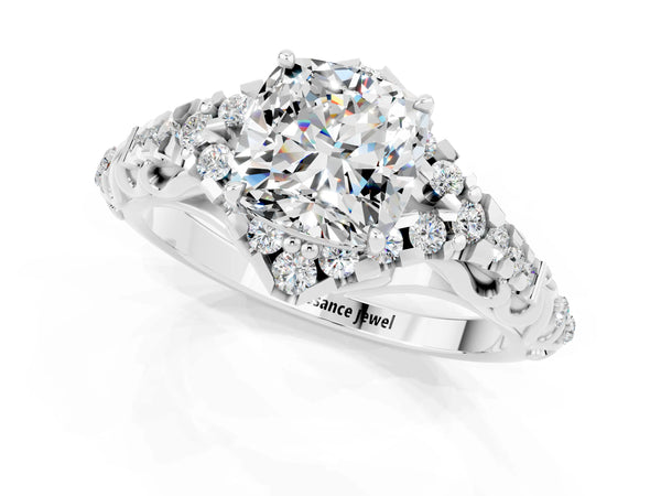 Silver Cushion Cut Moissanite Solitaire Ring with Hidden Halo and Pavé Band