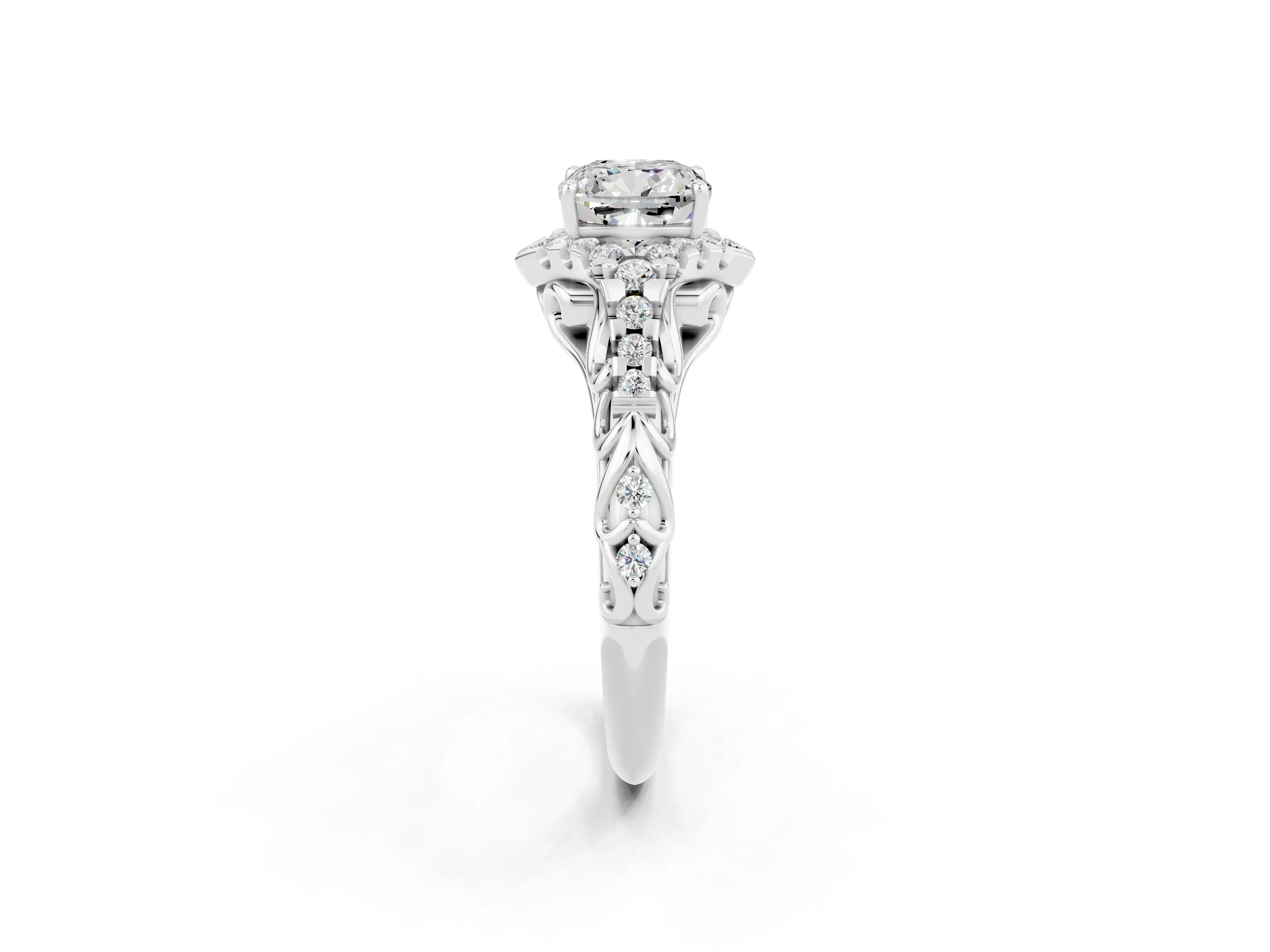 White gold Cushion Cut Moissanite Solitaire Ring with Hidden Halo and Pavé Band_14