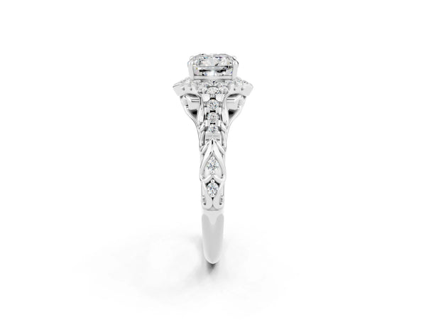 Silver Cushion Cut Moissanite Solitaire Ring with Hidden Halo and Pavé Band