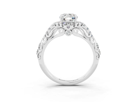 White gold Cushion Cut Moissanite Solitaire Ring with Hidden Halo and Pavé Band_15
