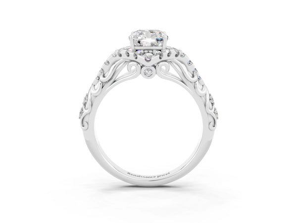 White gold Cushion Cut Moissanite Solitaire Ring with Hidden Halo and Pavé Band