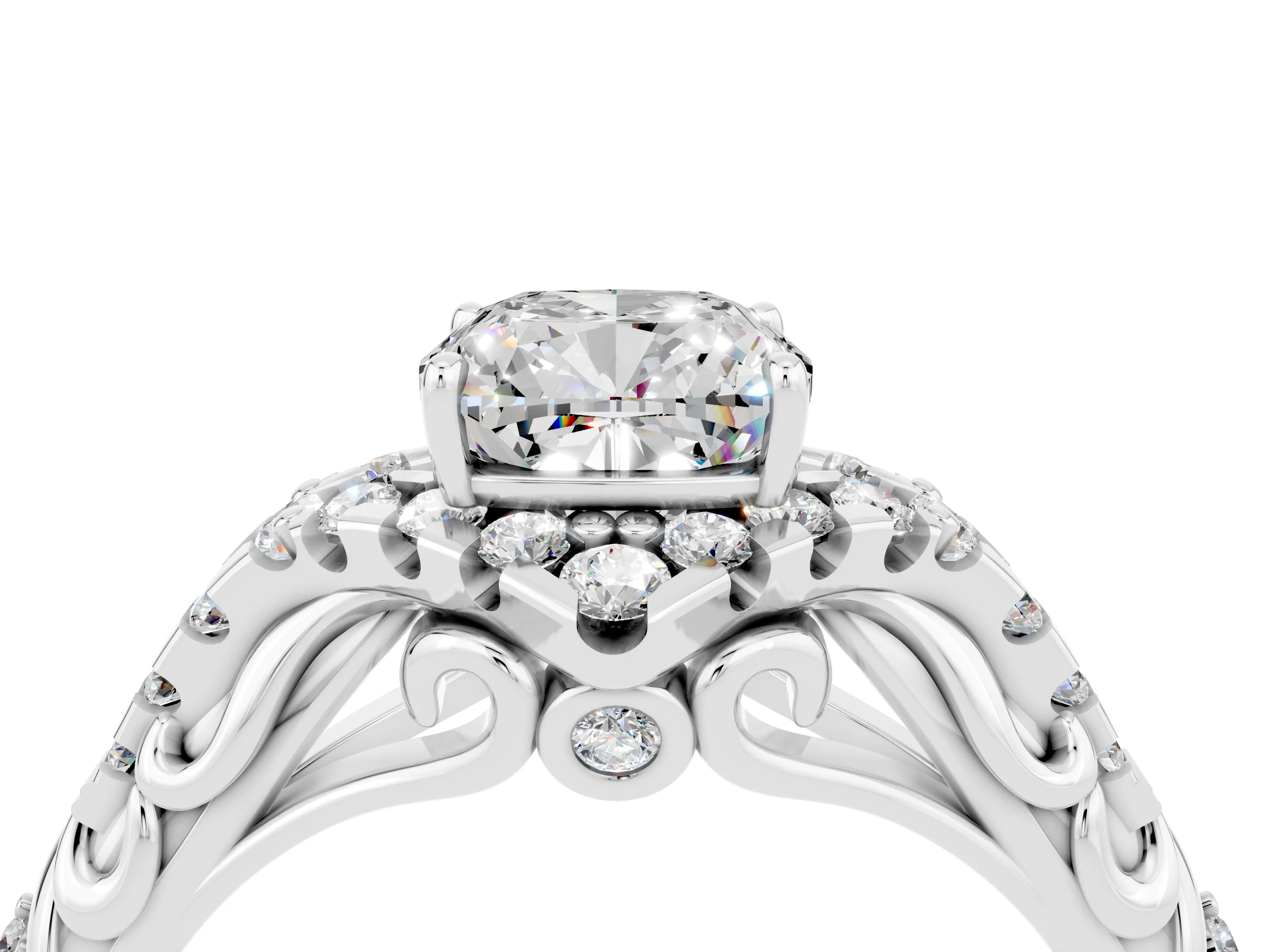 White gold Cushion Cut Moissanite Solitaire Ring with Hidden Halo and Pavé Band_16