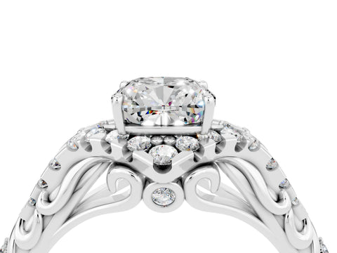 White gold Cushion Cut Moissanite Solitaire Ring with Hidden Halo and Pavé Band_16