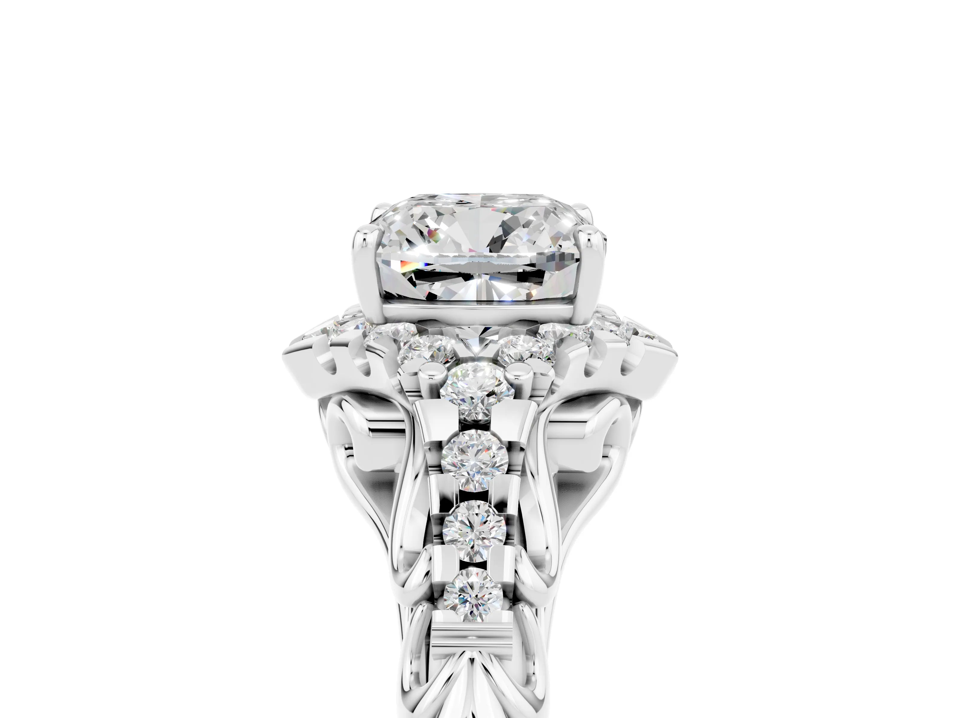 White gold Cushion Cut Moissanite Solitaire Ring with Hidden Halo and Pavé Band_17