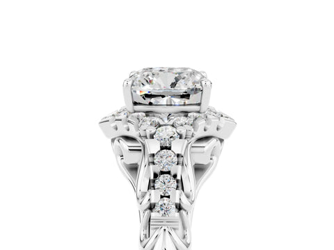 White gold Cushion Cut Moissanite Solitaire Ring with Hidden Halo and Pavé Band_17