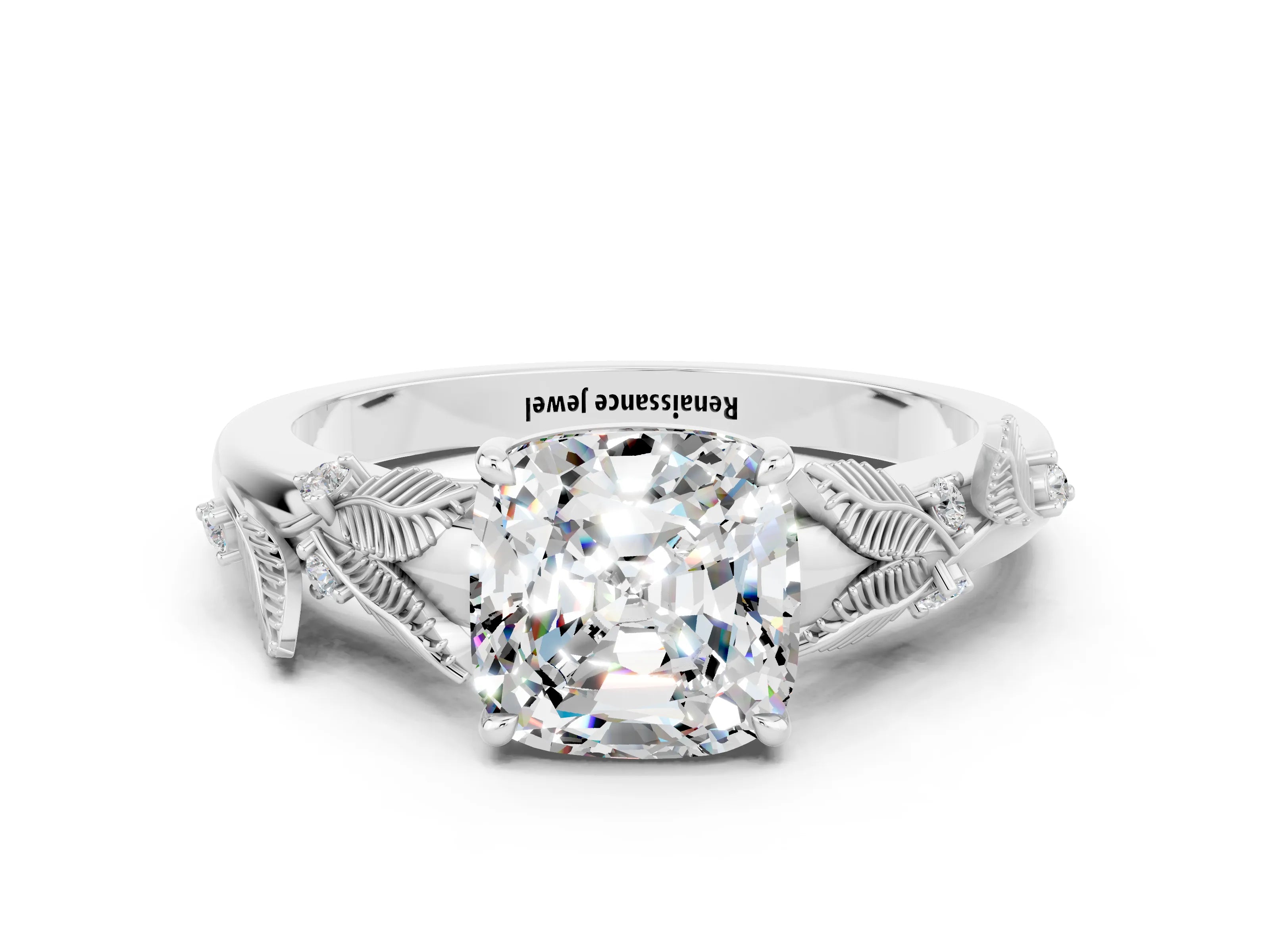 White gold Cushion Cut Moissanite Solitaire Ring with Leaf Motif Band and Four-Prong Setting_12