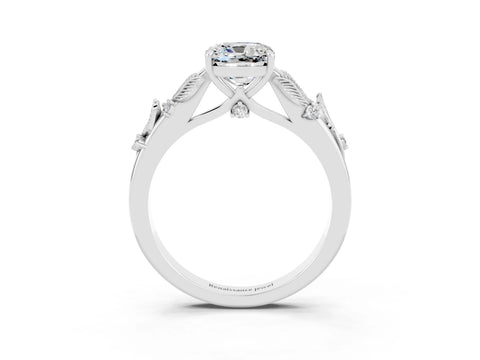 White gold Cushion Cut Moissanite Solitaire Ring with Leaf Motif Band and Four-Prong Setting_15