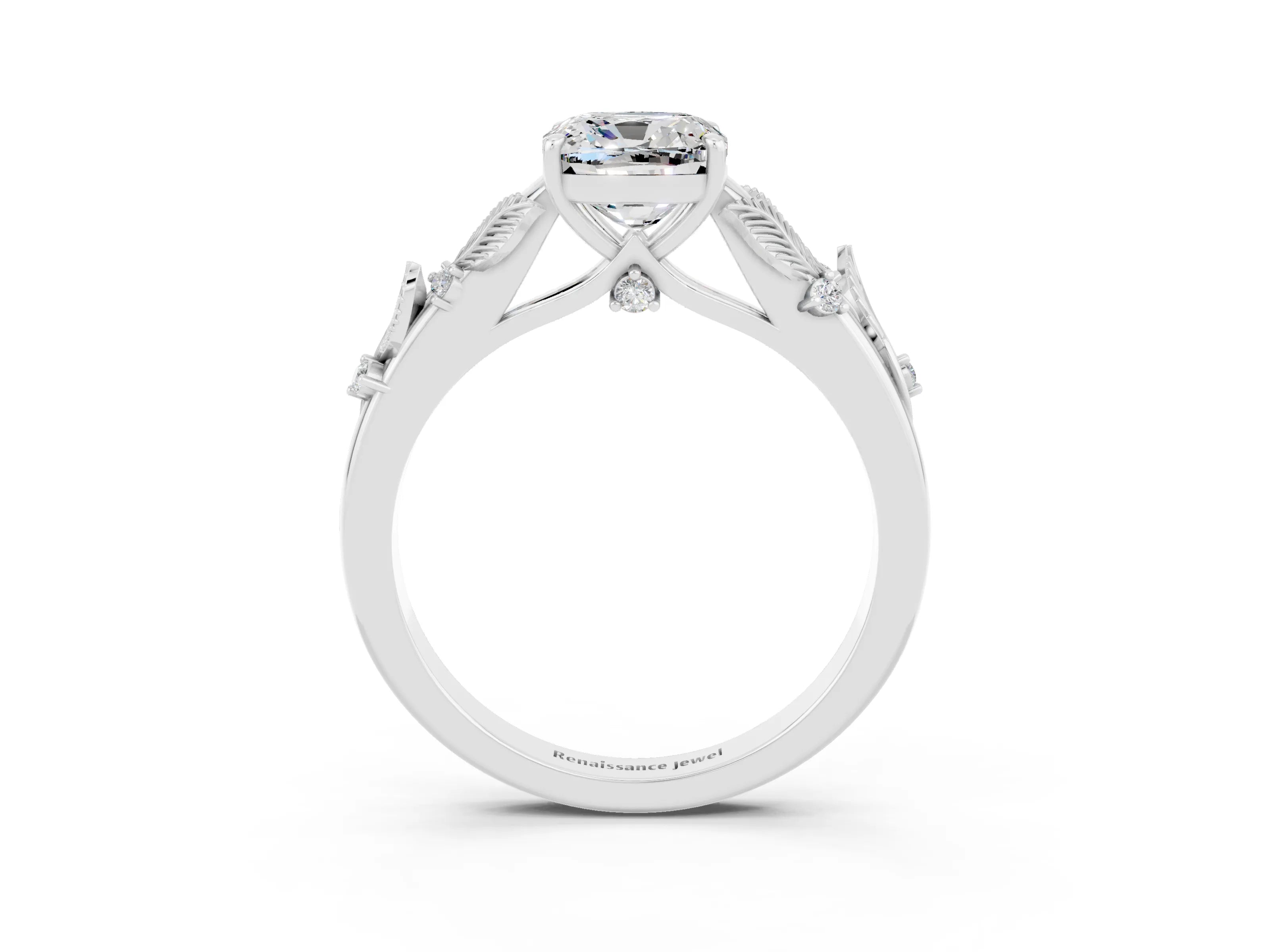 White gold Cushion Cut Moissanite Solitaire Ring with Leaf Motif Band and Four-Prong Setting_15