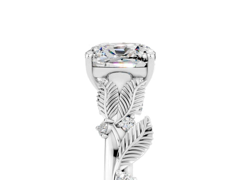 White gold Cushion Cut Moissanite Solitaire Ring with Leaf Motif Band and Four-Prong Setting_17