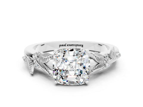 White gold Cushion Cut Moissanite Solitaire Ring with Leaf Motif Band and Four-Prong Setting_19