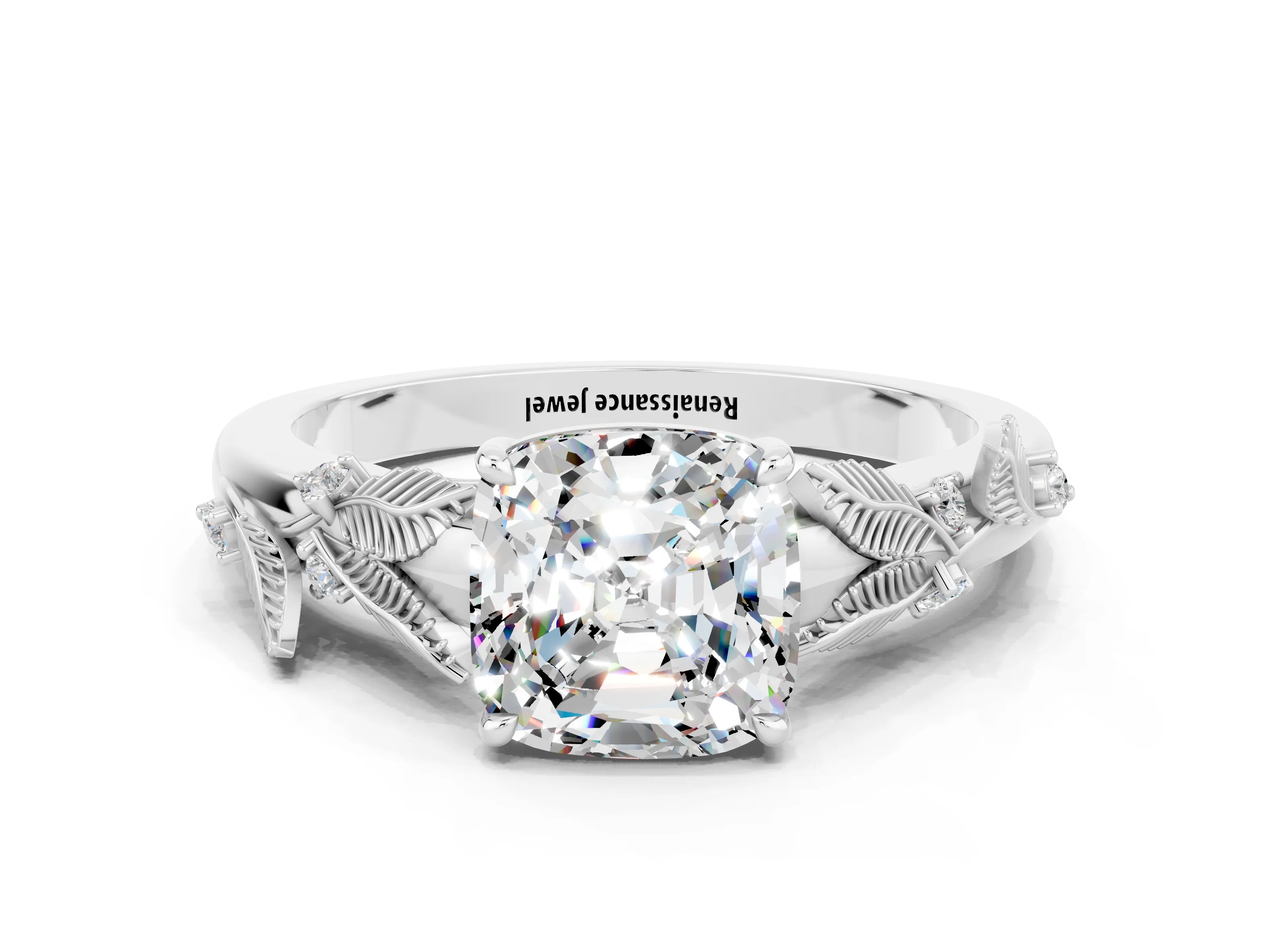 White gold Cushion Cut Moissanite Solitaire Ring with Leaf Motif Band and Four-Prong Setting_24