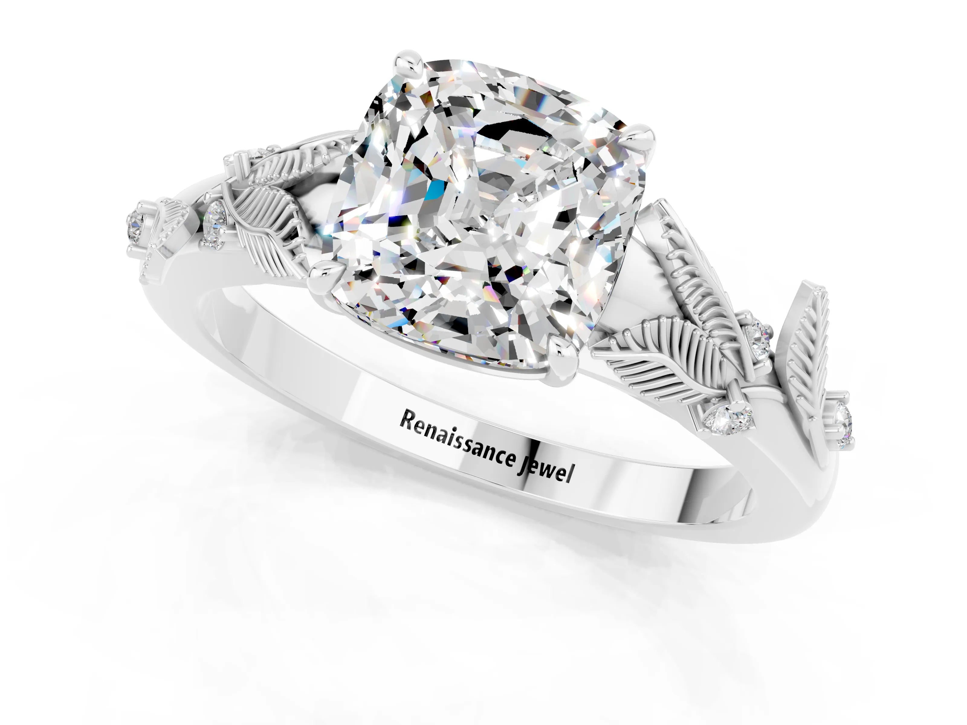 White gold Cushion Cut Moissanite Solitaire Ring with Leaf Motif Band and Four-Prong Setting_25