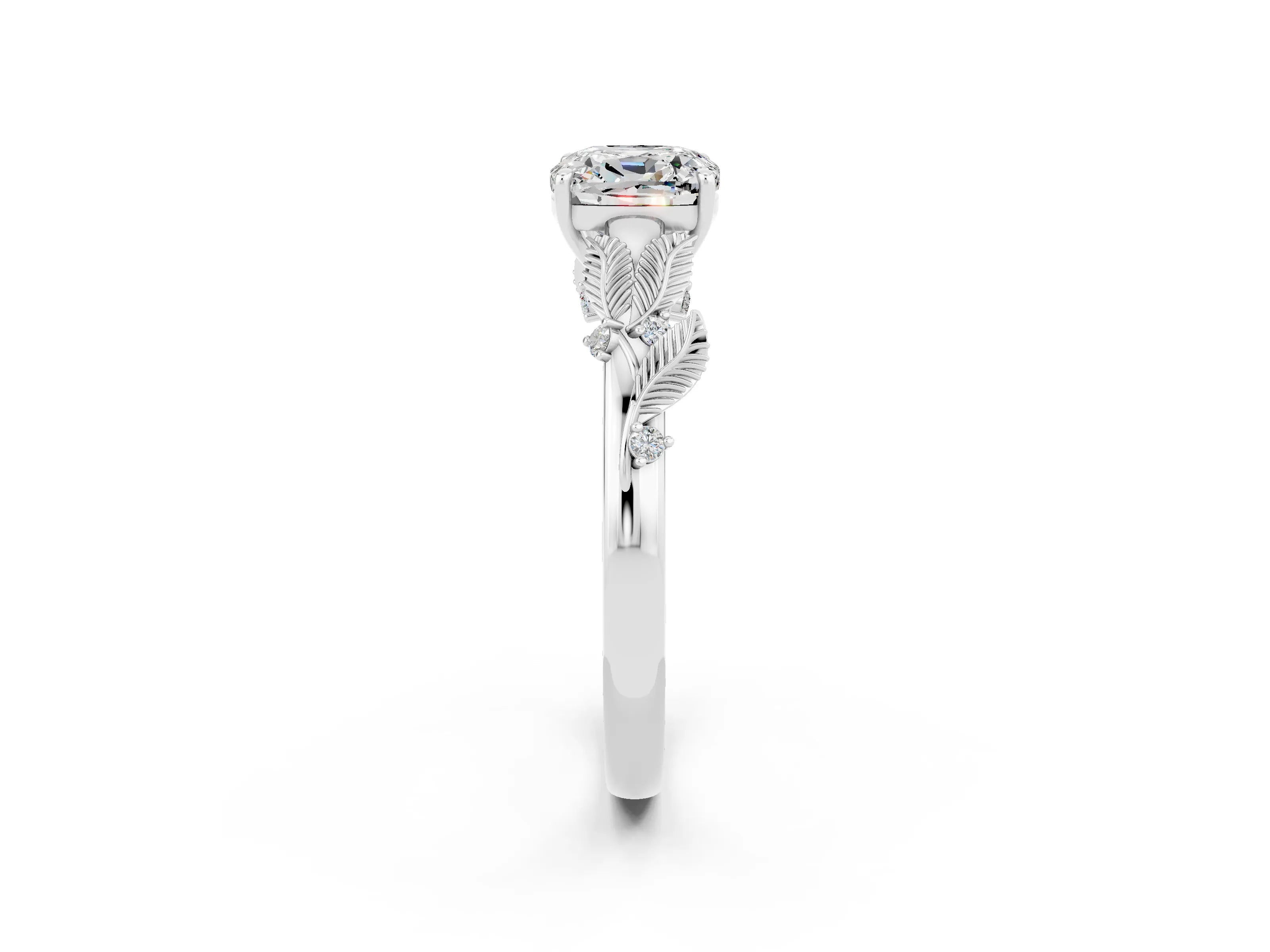 White gold Cushion Cut Moissanite Solitaire Ring with Leaf Motif Band and Four-Prong Setting_26