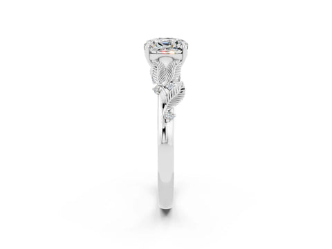 White gold Cushion Cut Moissanite Solitaire Ring with Leaf Motif Band and Four-Prong Setting_26