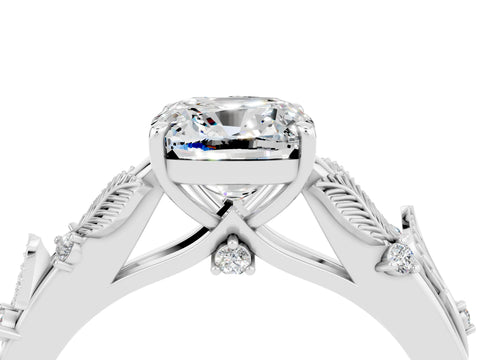 White gold Cushion Cut Moissanite Solitaire Ring with Leaf Motif Band and Four-Prong Setting_28