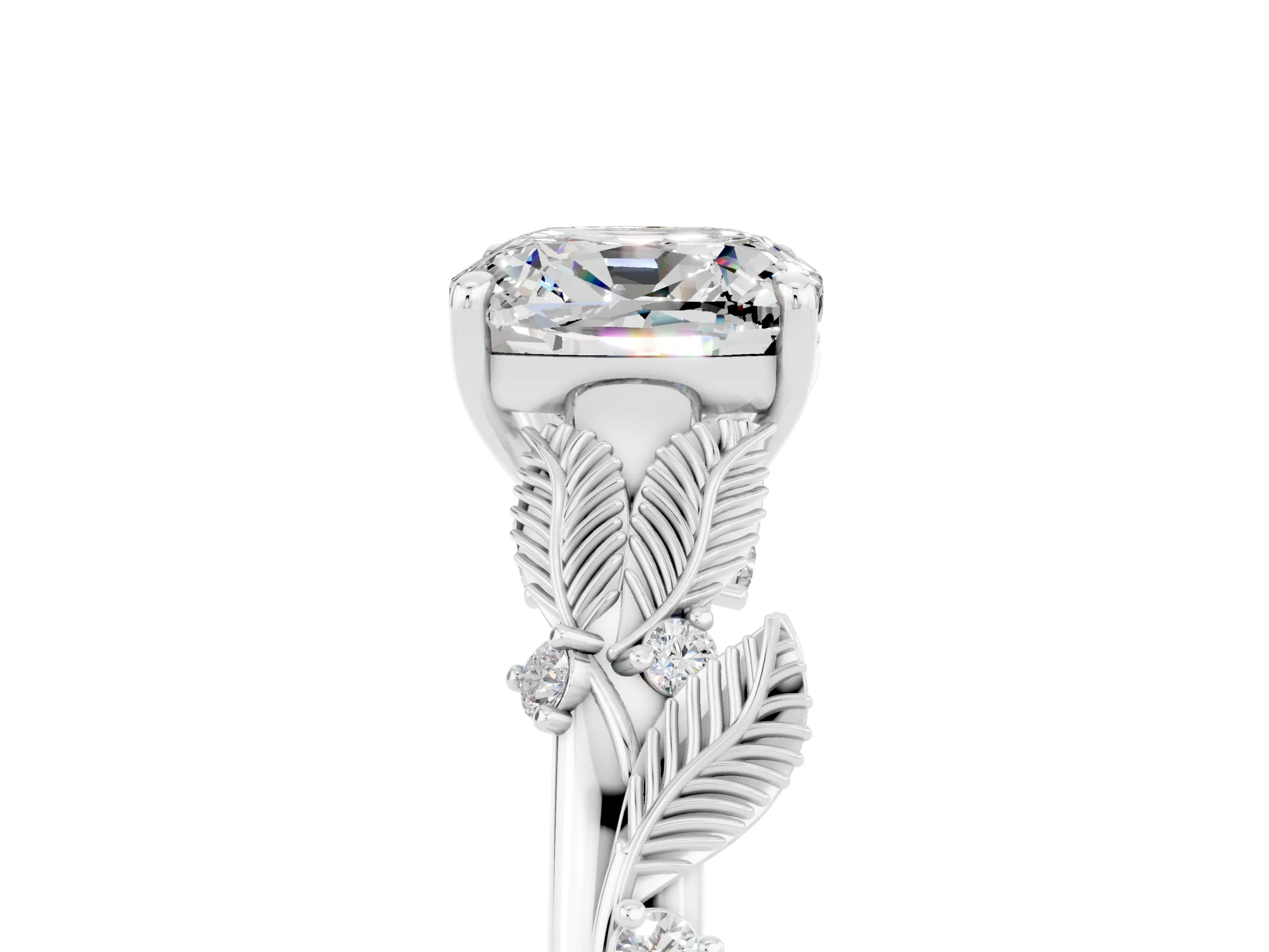 White gold Cushion Cut Moissanite Solitaire Ring with Leaf Motif Band and Four-Prong Setting_29