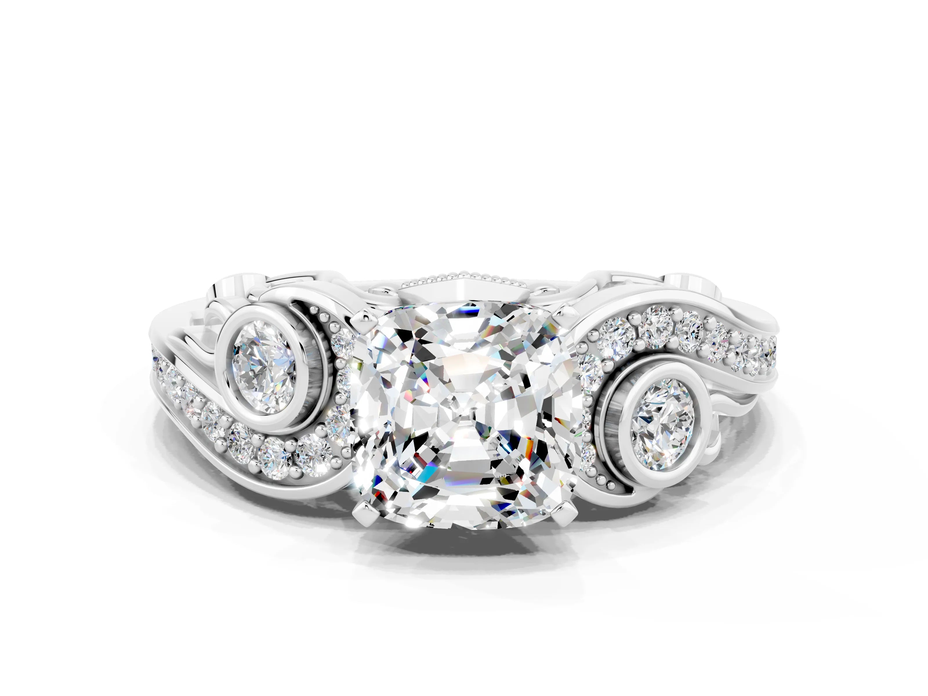 White gold Cushion Cut Moissanite Solitaire Ring with Milgrain Pavé Band and Four-Prong Setting_12