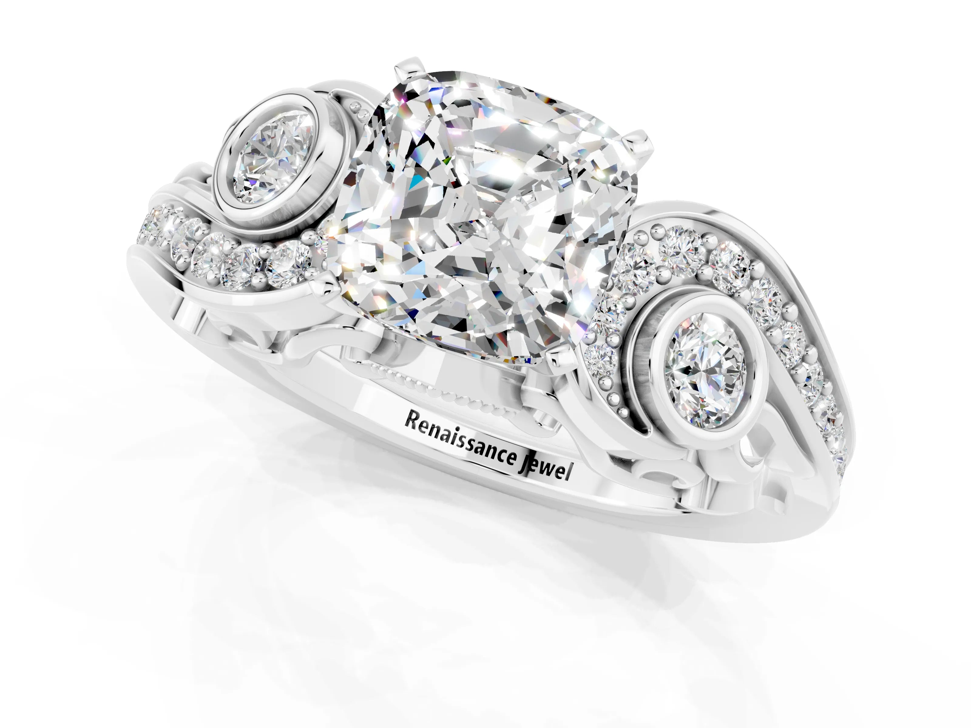 White gold Cushion Cut Moissanite Solitaire Ring with Milgrain Pavé Band and Four-Prong Setting_13