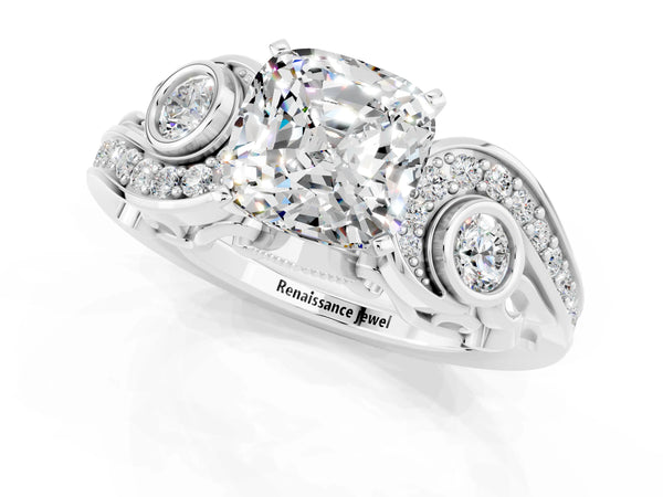 Silver Cushion Cut Moissanite Solitaire Ring with Milgrain Pavé Band and Four-Prong Setting