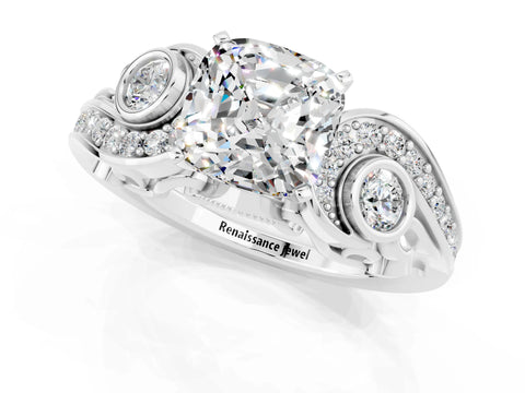White gold Cushion Cut Moissanite Solitaire Ring with Milgrain Pavé Band and Four-Prong Setting_13