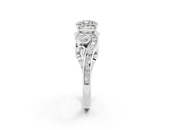 Silver Cushion Cut Moissanite Solitaire Ring with Milgrain Pavé Band and Four-Prong Setting