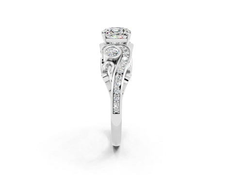 White gold Cushion Cut Moissanite Solitaire Ring with Milgrain Pavé Band and Four-Prong Setting_14