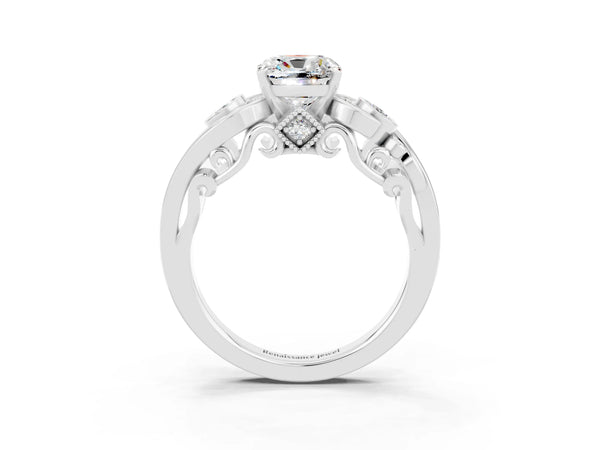 Silver Cushion Cut Moissanite Solitaire Ring with Milgrain Pavé Band and Four-Prong Setting
