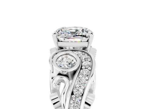 White gold Cushion Cut Moissanite Solitaire Ring with Milgrain Pavé Band and Four-Prong Setting_17