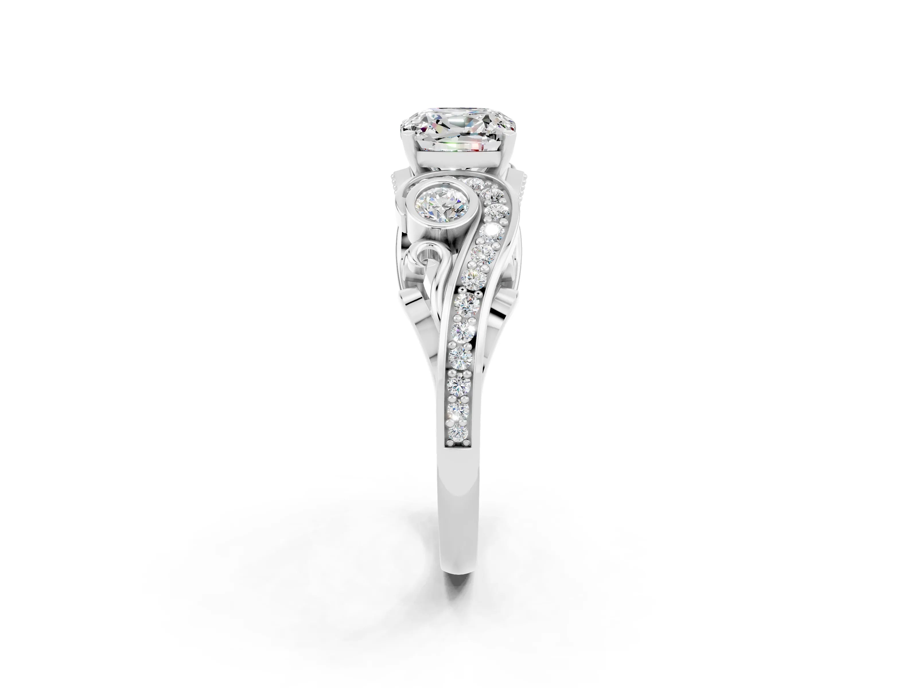 White gold Cushion Cut Moissanite Solitaire Ring with Milgrain Pavé Band and Four-Prong Setting_50
