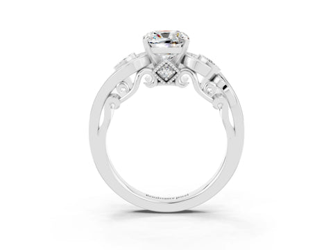 White gold Cushion Cut Moissanite Solitaire Ring with Milgrain Pavé Band and Four-Prong Setting_51