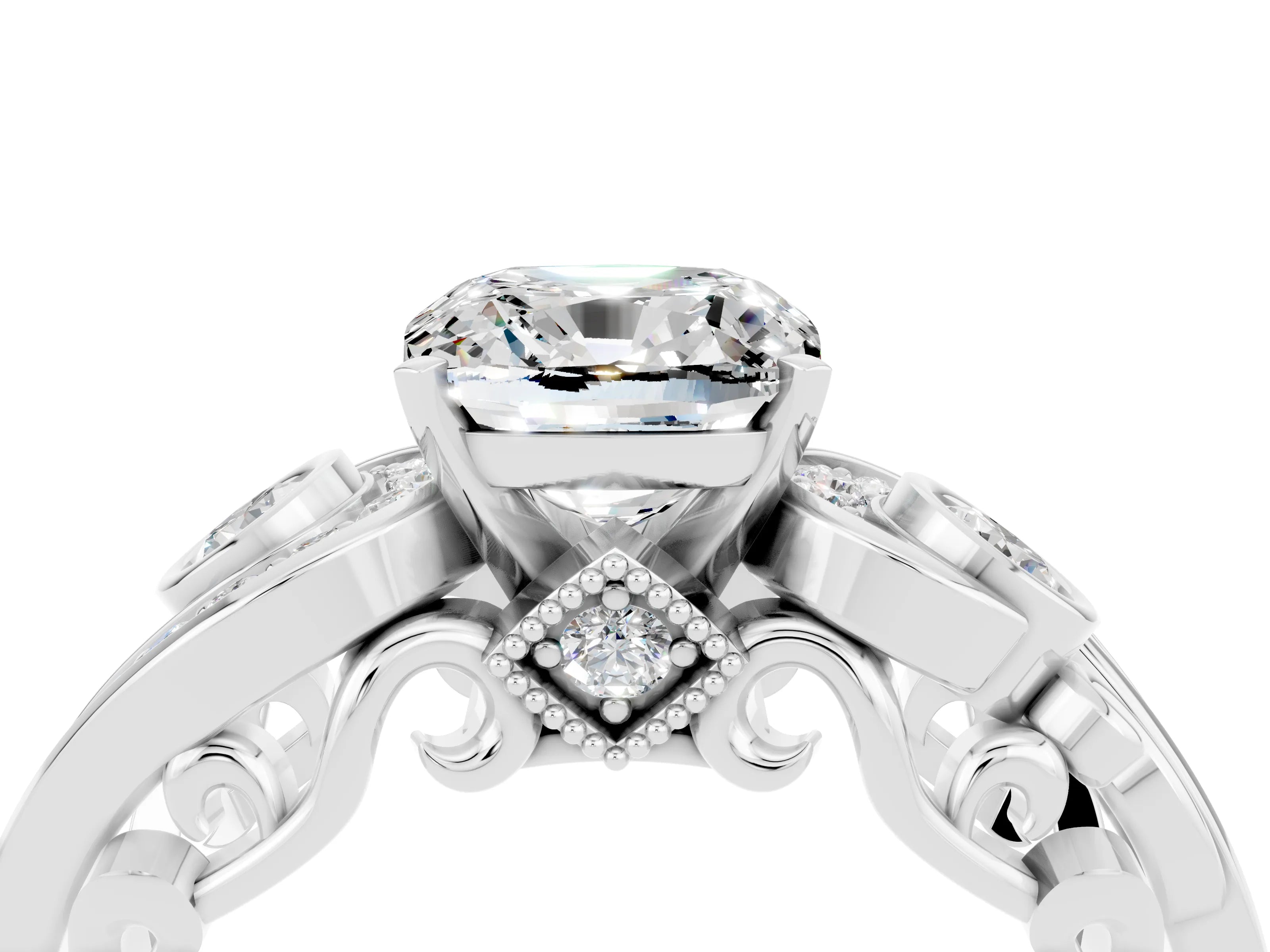 White gold Cushion Cut Moissanite Solitaire Ring with Milgrain Pavé Band and Four-Prong Setting_52