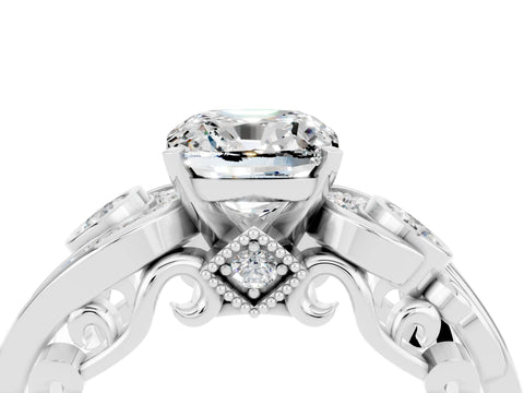 White gold Cushion Cut Moissanite Solitaire Ring with Milgrain Pavé Band and Four-Prong Setting_52