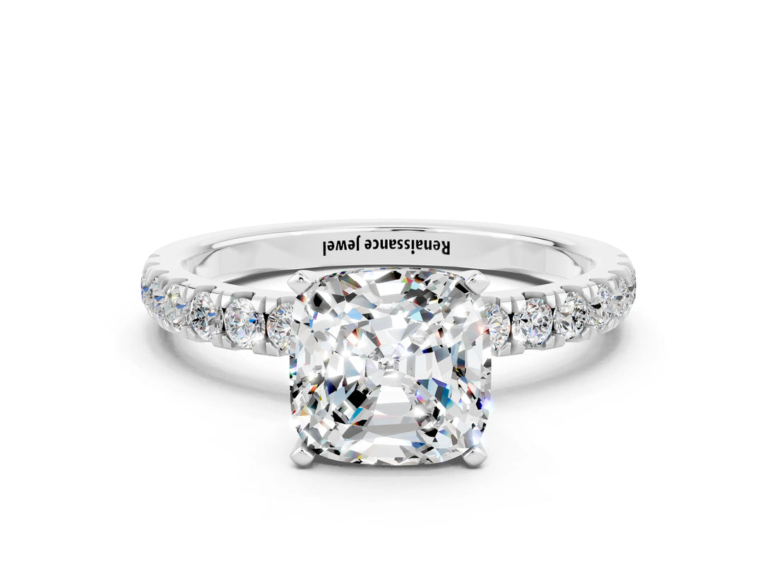 White gold Cushion Cut Moissanite Solitaire Ring with Pavé Accents and Four-Prong Setting