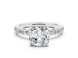 White gold Cushion Cut Moissanite Solitaire Ring with Pavé Accents and Four-Prong Setting