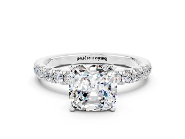 Platinum Cushion Cut Moissanite Solitaire Ring with Pavé Accents and Four-Prong Setting