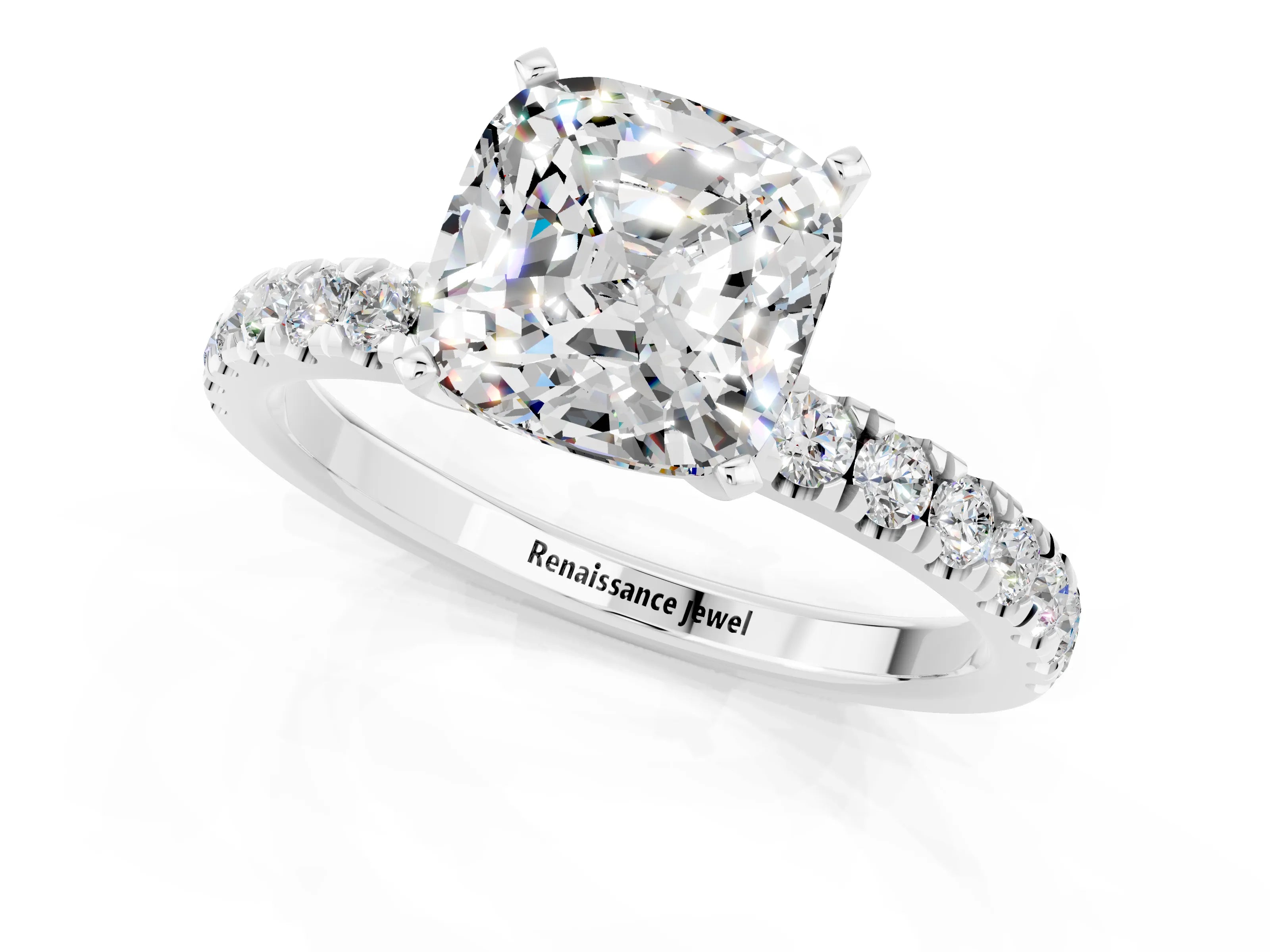 White gold Cushion Cut Moissanite Solitaire Ring with Pavé Accents and Four-Prong Setting_1