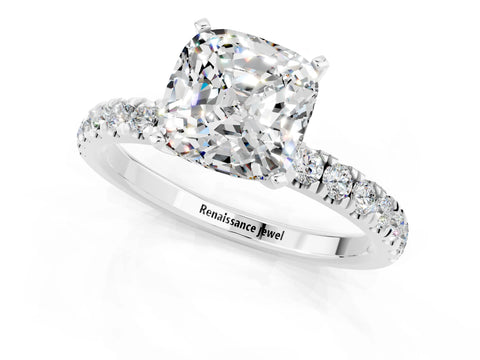 White gold Cushion Cut Moissanite Solitaire Ring with Pavé Accents and Four-Prong Setting_1