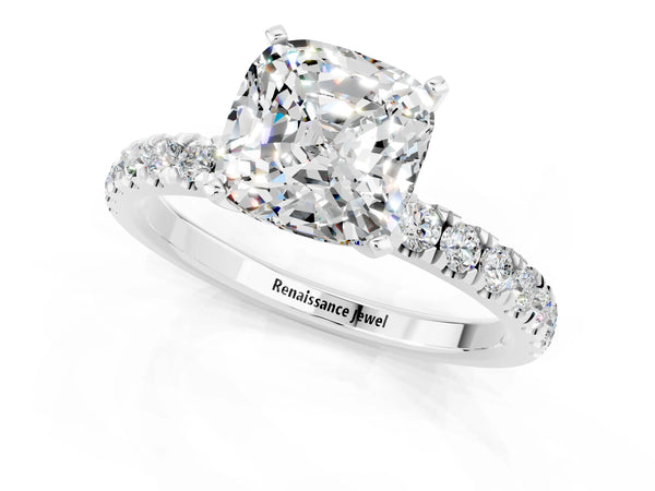 White gold Cushion Cut Moissanite Solitaire Ring with Pavé Accents and Four-Prong Setting