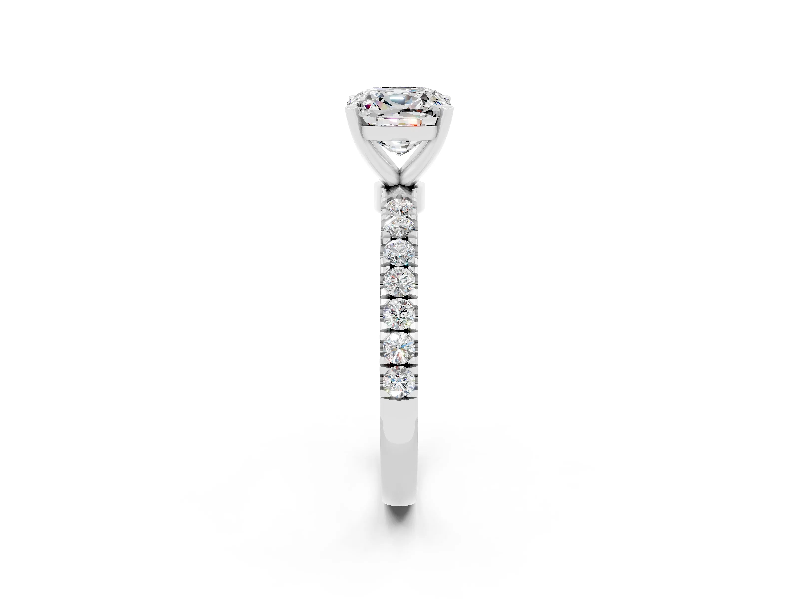 White gold Cushion Cut Moissanite Solitaire Ring with Pavé Accents and Four-Prong Setting_2