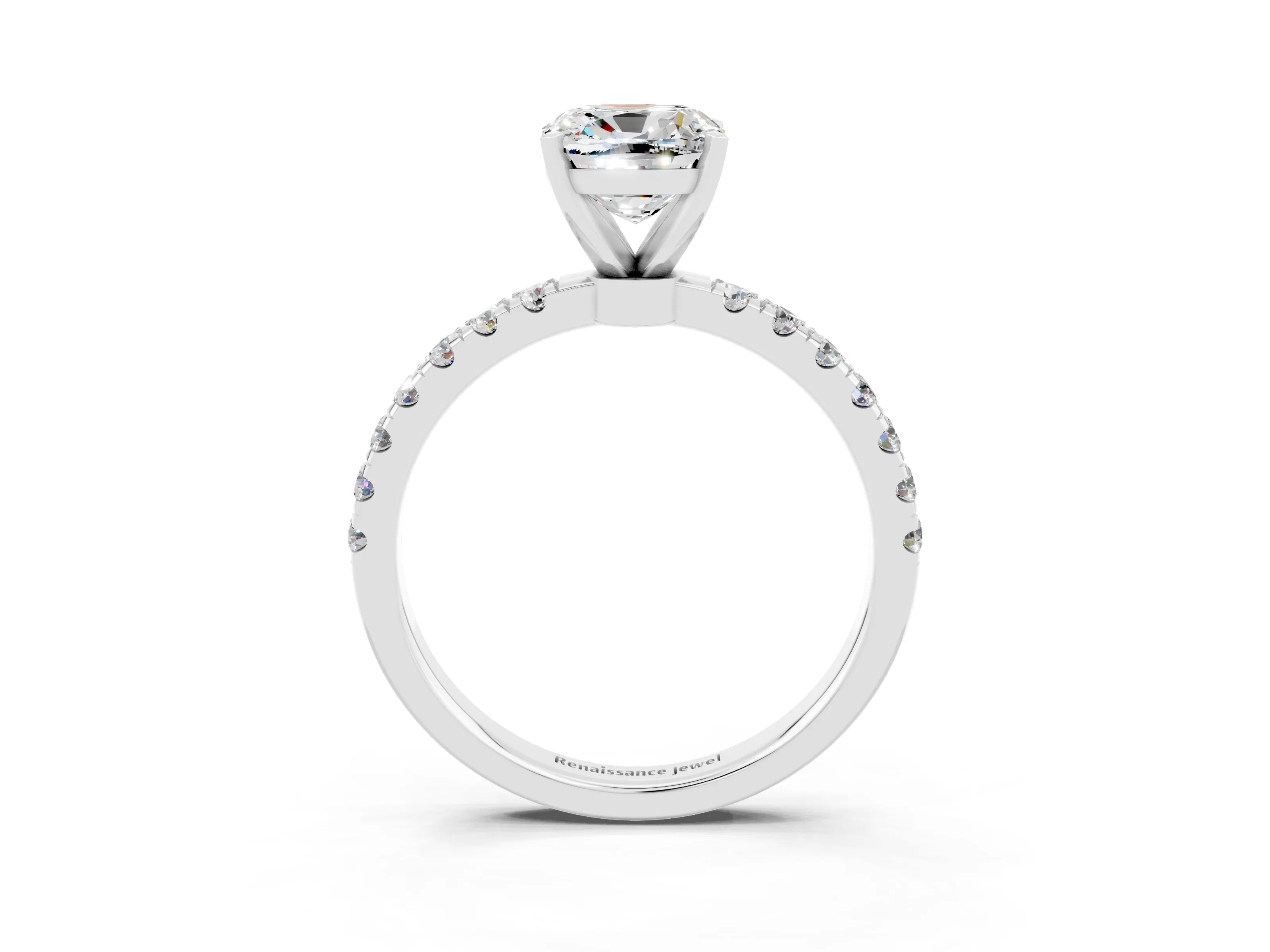 White gold Cushion Cut Moissanite Solitaire Ring with Pavé Accents and Four-Prong Setting_3