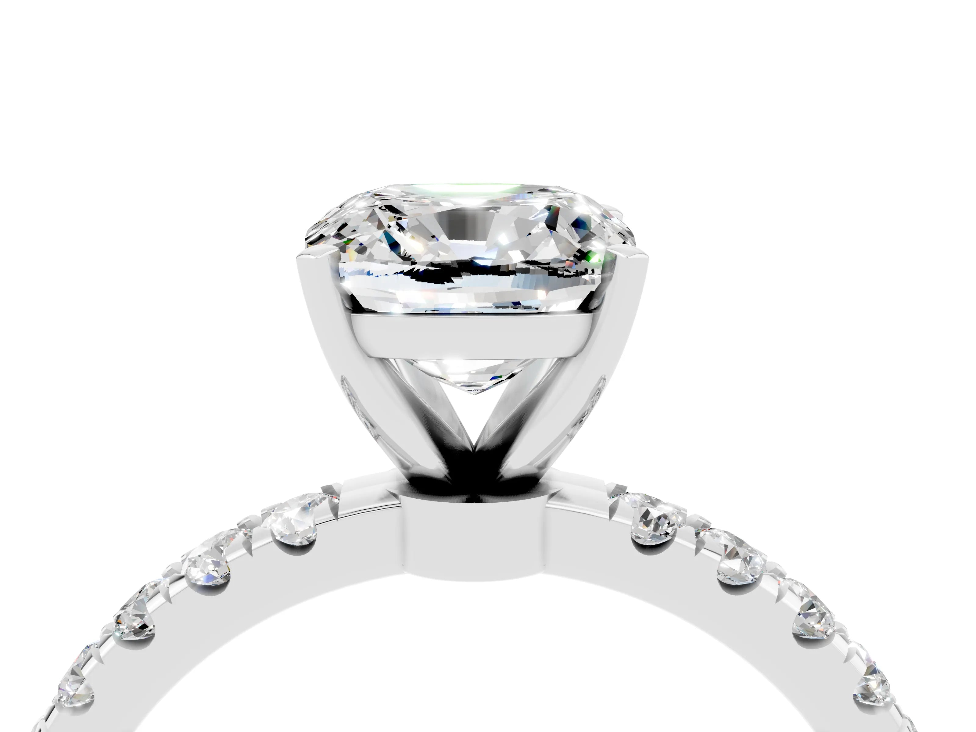 White gold Cushion Cut Moissanite Solitaire Ring with Pavé Accents and Four-Prong Setting_4